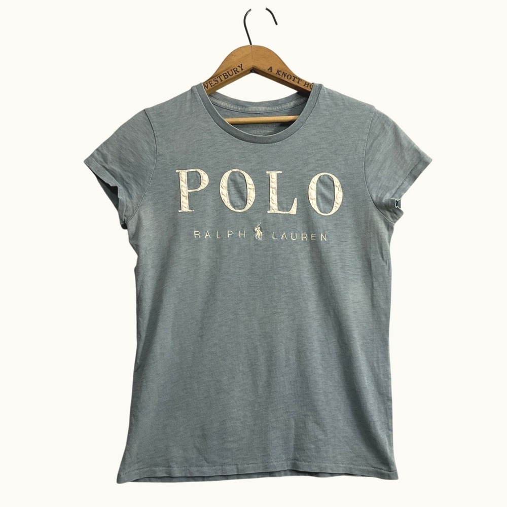 Polo Ralph Lauren Womens Blue Slub Cotton Graphic Logo T-Shirt Size Small